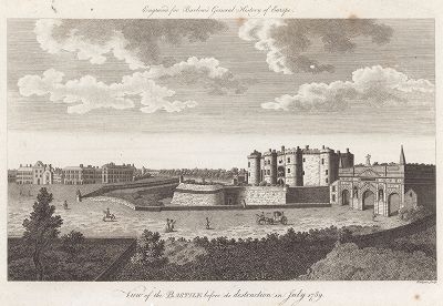 Бастилия -- крепость и государственная тюрьма в Париже (вид до ее разрушения в июле 1789 года.) The General History of Europe ...by Percival Barlow, Лондон, 1791. 