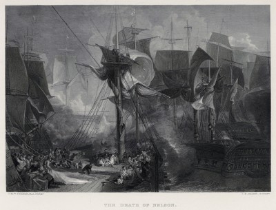 Трафальгарское сражение 21 октября 1805 г. Командующий английским флотом адмирал Горацио Нельсон (1758-1805) умирает, смертельно раненный французским снайпером. Лист из альбома "Галерея Тёрнера", Нью-Йорк, 1875