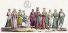 Король Франции Людовик VIII Лев (1187--1226), его супруга королева Бланка Кастильская (изобретательница парика) и другие персонажи эпохи (из работы Джулио Феррарио "Il costume antico e moderno...", изданной в Милане в 1826 году (Европа. Том V))
