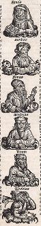 Иудейские пророки Амос, Авдий, Иона, Михей, Наум и Товит. Из знаменитой первопечатной книги Хартмана Шеделя "Всемирная хроника", также известной как "Нюрнбергские хроники". Die Schedelsche Weltchronik (Liber Chronicarum). Нюрнберг, 1493
