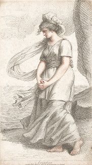 Ариадна, покинутая Тесеем -- возлюбленным, которому она помогла одолеть чудовище Минотавра. Гравюра по рисунку Марии Косуэй, супруги художника Ричарда Косуэя. Лондон, 1802 год.