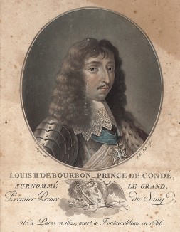 Конде Луи II Бурбон (1621-86) - полководец эпохи Тридцатилетней войны и фрондёр. Победил при Рокруа (1643), Фрейбурге, Нёрдлингене (1644-45), Дюнкерке (1646) и Лансе (1648), ускорив заключение выгодного для Франции Вестфальского мира в 1648 г. Париж, 1787