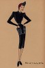Облегающая блуза с расшитыми накладными карманами и прямая юбка - Miroir de la vie из коллекции осень-зима 1942-43 года парижского дизайнера Мари-Луиз Брюйер (собственноручная гуашь автора). Уникальный документ истории моды времен Второй мировой войны