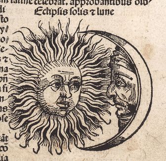 Солнце и Луна. Из знаменитой первопечатной книги Хартмана Шеделя "Всемирная хроника", также известной как "Нюрнбергские хроники". Die Schedelsche Weltchronik (Liber Chronicarum). Нюрнберг, 1493
