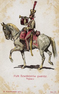 Трубач 1-го гвардейского полка шеволежеров (легкой кавалерии). Наполеон создал это элитное подразделение из знатнейших представителей польского дворянства. Коллекция Роберта фон Арнольди. Германия, 1911-29
