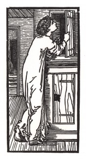 Психея, заглядывающая в шкаф. Иллюстрация Эдварда Коли Бёрн-Джонса к поэме Уильяма Морриса «История Купидона и Психеи». Лондон, 1890-е гг.