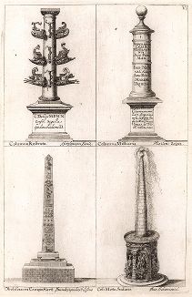 Колонны, обелиск и фонтан с улиц Рима: ростральная колонна, милевой столп, обелиск на Марсовом поле, фонтан конической формы.