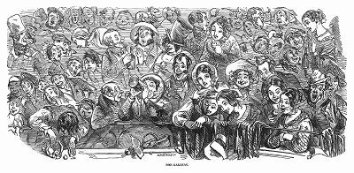 Зрители традиционной в Британии рождественской пантомимы, расположившиеся в галерее -- пространстве здания английского елизаветинского театра здания, отведённом для зажиточной публики (The Illustrated London News №297 от 08/01/1848 г.)