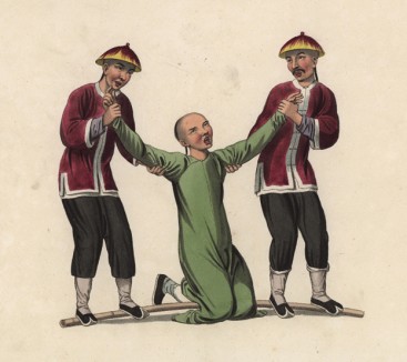 Наказание, чреватое переломом ног при чрезмерном усердии палачей (лист 8 устрашающей работы "Китайские наказания", изданной в Лондоне в 1801 году)