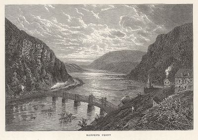 Вид на Харперс-Ферри и мост через Потомак, штат Западная Вирджиния.Лист из издания "Picturesque America", т.I, Нью-Йорк, 1872.