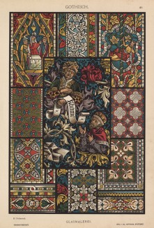 Фрагменты витражей из готических храмов Германии и Швейцарии (лист 40 альбома "Сокровищница орнаментов...", изданного в Штутгарте в 1889 году)