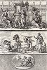 Справедливость: Немезида и Юстиция (вверху), и Несправедливость: Клевета, Зависть, Насмешка и Предательство (внизу). "Iconologia Deorum,  oder Abbildung der Götter ...", Нюренберг, 1680. 