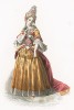 Французские моды конца XVII века при Людовике XIV. Придворная дама в приталенном платье c пышным шлейфом, лиф платья украшен кружевом, в пелеринке, вуали и с мушкой на правой щеке.