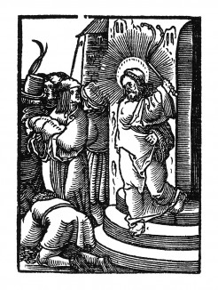 Изгнание торговцев из храма. Из Benedictus Chelidonius / Passio Effigiata. Монограммист N.H. Кёльн, 1526