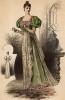 Оливковое утреннее платье с кружевной накидкой, украшенное розами. Из французского модного журнала Le Coquet, выпуск 296, 1892 год