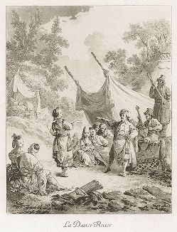 Русский танец. Акватинта Жана-Батиста Лепренса 1769 года, отпечаток сепией. 