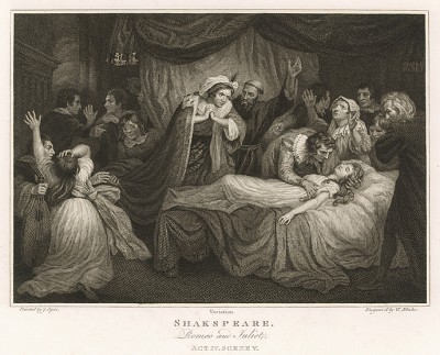 Иллюстрация к трагедии Шекспира "Ромео и Джульетта", акт IV, сцена V: Капулетти у постели Джульетты, которую все считают умершей. Graphic Illustrations of the Dramatic works of Shakspeare, Лондон, 1803.