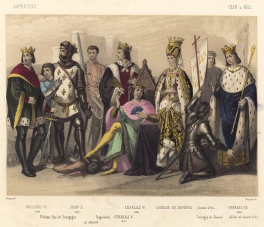 Короли из династии Валуа: Филипп VI де Валуа (1328—1350); Иоанн (Жан) II Добрый (1350—1364); Карл V Мудрый (1364-1380); Карл VI Безумный (1380—1422) с супругой Изабеллой Баварской; Карл VII Победоносный (1422/1429—1461), а также Жанна д’Арк