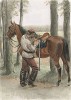 Французский кирасир в полевой форме образца 1885 года, починяющий седло (из Types et uniformes. L'armée françáise par Éduard Detaille. Париж. 1889 год)