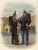 Егерь и гренадер голландской армии (иллюстрация к работе Onze krijgsmacht met bijshriften... (голл.), изданной в Гааге в 1886 году)
