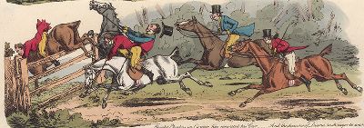Преследующие дичь охотники один за другим налетают на препятствие. Гравюра Генри Алкена из серии "Illustrations to Popular Songs", Лондон, 1822-24.