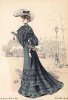 В любую прогулку по городу парижанка непременно берёт с собой нюхательные соли. К флакончику прилагается шляпа с пером и шерстяное платье с оборками (Les grandes modes de Paris за 1903 год. Октябрь)