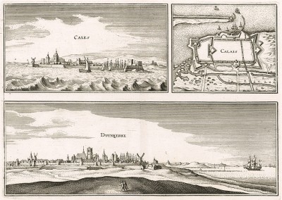 Города Кале и Дюнкерк с птичьего полета. План составил Маттеус Мериан. Франкфурт-на-Майне, 1695