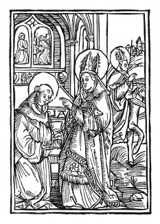 Епископ Ульрих благословляет Вольфганга на служение. Из "Жития Святого Вольфганга" (Das Leben S. Wolfgangs) неизвестного немецкого мастера. Издал Johann Weyssenburger, Ландсхут, 1515