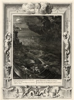 Леандр переплывает Геллеспонт, чтобы встретиться с любимой Геро (лист известной работы "Храм муз", изданной в Амстердаме в 1733 году)