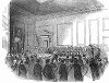 Повторный допрос обвиняемых по делу изготовления поддельных акций и других ценных бумаг, проводящийся в Мэншн Хаусе -- официальной резиденции лорд-мэра лондонского Сити (The Illustrated London News №92 от 03/02/1844 г.)