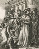 Князь Священной Римской империи отвергает мольбы вдовы и сироты; Смерть накажет его за чёрствость ("Пляски смерти" Ганса Гольбейна Младшего, гравированные Венцеслаусом Холларом (лист 10))