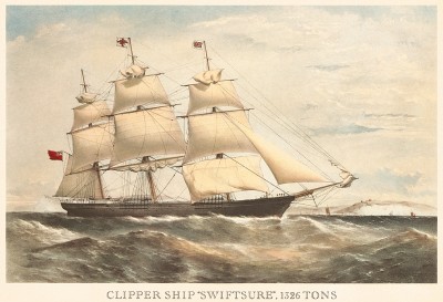 Британский клипер "Свифтшуэ" водоизмещением 1326 тонн. Репринт середины XX века со старинной английской гравюры