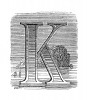 Инициал (буквица) K, предваряющий пятьдесят четвертую главу «Истории императора Наполеона» Лорана де л’Ардеша о пребывании Наполеона на острове Святой Елены. Париж, 1840