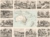 Карта Австралии и близлежащих островов, а также 11 картушей, гравированных на стали, с изображениями жителей, животных и пейзажей континента (справа вверху тилацин, или сумчатый волк). Illustriter Handatlas F.A.Brockhaus. л.7. Лейпциг, 1863