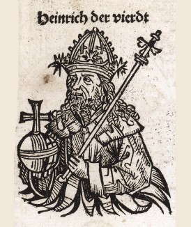 Генрих IV (1050-1106) - король Германии и император Священной Римской империи. Гравюра Михаэля Вольгемута из книги Хартмана Шеделя "Всемирная хроника", известной как "Нюрнбергские хроники". Die Schedelsche Weltchronik (Liber Chronicarum). Нюрнберг, 1493