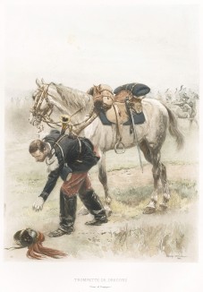 Фарнцузский драгун в полевой форме образца 1886 года, потерявший каску (из Types et uniformes. L'armée françáise par Éduard Detaille. Париж. 1889 год)