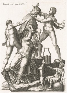 Зевс и Амфион привязывают Дирку к рогам быка. Dirce. Zethus et Amphion. Гравировал Иоахим фон Сандрарт (Joachim von Sandrart). Франкфурт-на-Майне, 1675-79 гг.