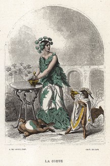 Коварная цикута, также называемая болиголов или вёх, готовит ядовитое зелье. Les Fleurs Animées par J.-J Grandville. Париж, 1847