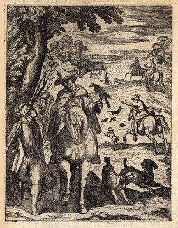 Псовая и соколиная охота на куропаток. На заднем плане человек в маске быка заманивает куропаток в клетку-ловушку. Из первого (1622 г.) издания работы итальянского философа и натуралиста Джованни Пьетро Олины (1585-1645)