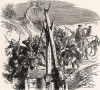 Солдаты на марше утоляют жажду у колодца. Фридрих II требовал от своих офицеров соблюдать строгий порядок в войсках, даже на марше в момент утоления голода и жажды. Художник показывает, как трудно было офицерам выполнить этот приказ.
