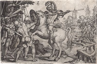 Гораций Коклес. Гравюра Георга Пенца из серии "Сцены из ранней Римской истории", ок. 1537 года. 