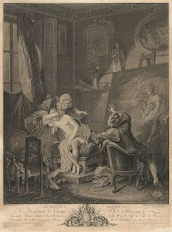 Стыдливая модель. Гравюра Жан-Мишеля Моро младшего и Жан-Батиста Симоне по оригиналу Пьера-Антуана Бодуэна, 1770 год. 