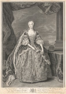 Августа Саксен-Гота-Альтенбургская (1719-1772) — принцесса Уэльская, супруга принца Уэльского Фредерика и мать короля Великобритании Георга III. С оригинала Жана-Батиста Ван Лоо.