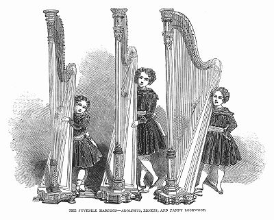 Юные арфисты -- воспитанники британского композитора, выступающие в лондонском концертном зале (The Illustrated London News №303 от 19/02/1848 г.)