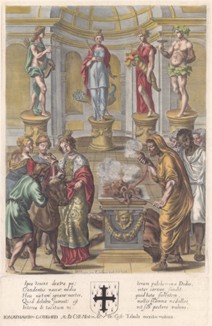 "Энеида" (Aenis). Дидона в храме богов. Лист из знаменитого издания произведений Вергилия "Publii Virgilii Maronis Opera", Лондон, 1658 год