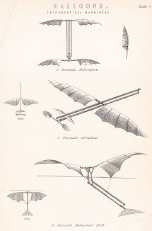 Воздухоплавательные аппараты французского изобретателя Альфонса Пено (1850--80): 1. Вертолет, 2. "Планофор" и 3. Механическая птица. 