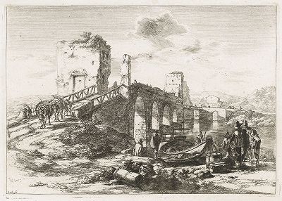 Мост Понте Молле близ Рима. Офорт Яна Бота из сюиты «Пейзажи окрестностей Рима». 