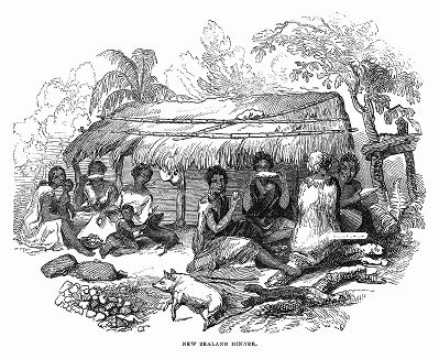 Коренное население Новой Зеландии -- полинезийское племя маори за трапезой (The Illustrated London News №99 от 23/03/1844 г.)