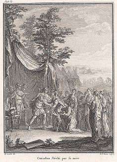 Кориолан склоняется перед матерью. Лист из "Краткой истории Рима" (Abrege De L'Histoire Romaine), Париж, 1760-1765 годы