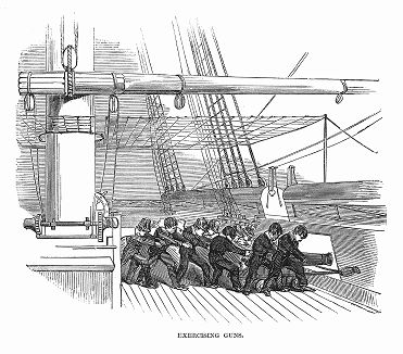 Упражнения с корабельными орудиями в британской Королевской морской школе при Королевском военно--морском госпитале, расположенном в Гринвиче (The Illustrated London News №303 от 19/02/1848 г.)